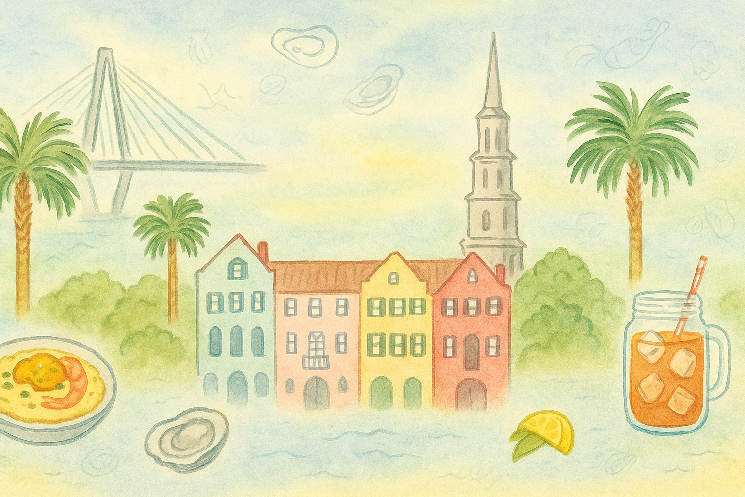 Charleston illustration with Ravenel Bridge, Rainbow Row, and local cuisine